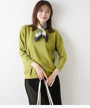 【L】【手洗い可能】TCヘリンボーン 7分袖ニットプルオーバー