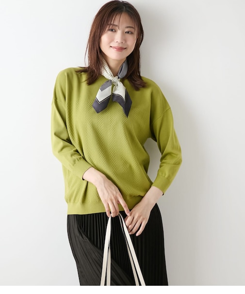 【L】【手洗い可能】TCヘリンボーン 7分袖ニットプルオーバー