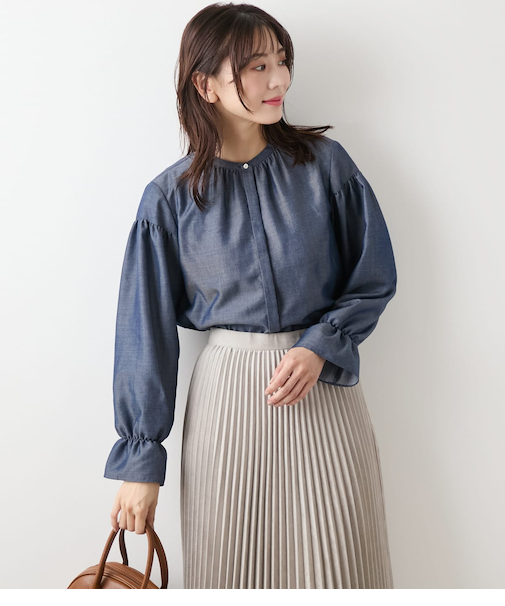 ダンガリーツイル ギャザーフリルブラウス