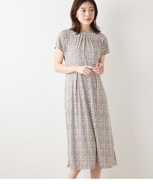 ポリエステル強撚スムース 幾何学プリント フレンチスリーブワンピース