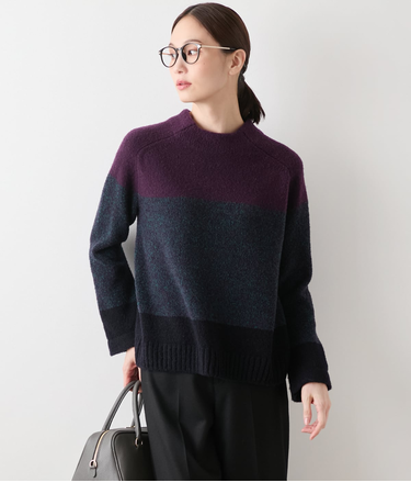 【L】ウールナイロンブークレー ビルドネック配色プルオーバー