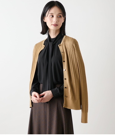 【L】【手洗い可能】ケーブルクルーネックカーディガン