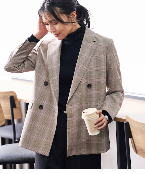 カラードグレンチェック ピークドラペルダブルブレストジャケット