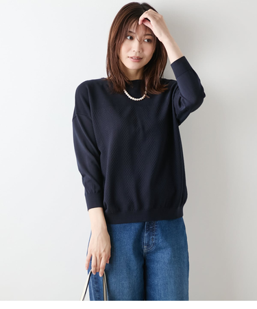 【手洗い可能】TCヘリンボーン 7分袖ニットプルオーバー