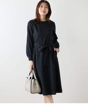 【L】【ストレッチ】ウール混ハウンドトゥース ウエスト切替えパイピングフレアワンピース