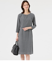 【L】【ウォッシャブル】ジオメトリックプリント 7分袖クルーネックドレス