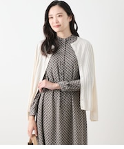 【L】ヴィスコースポリエステル ワイドリブ9分袖クル―ネックカーディガン