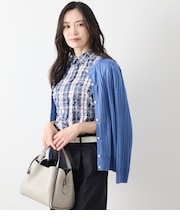 【L】ヴィスコースポリエステル ワイドリブ9分袖クル―ネックカーディガン