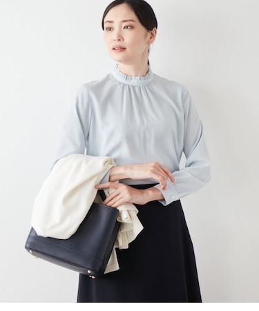 【L】ミニドットデシン フリルスタンドギャザーブラウス