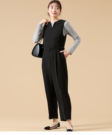 【L】ダブルサテン キーネックオールインワン