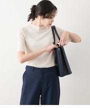 【L】ヴィスコースポリエステル ビルドネック5分袖プルオーバー