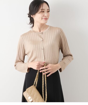 ヴィスコースポリエステル ワイドリブ9分袖クル―ネックカーディガン