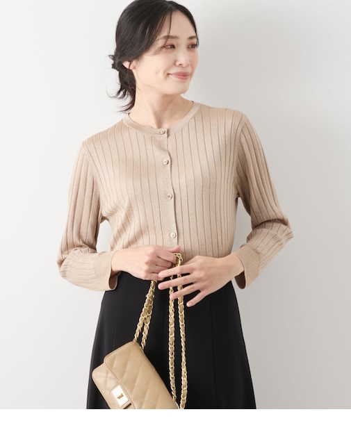 ヴィスコースポリエステル ワイドリブ9分袖クル―ネックカーディガン