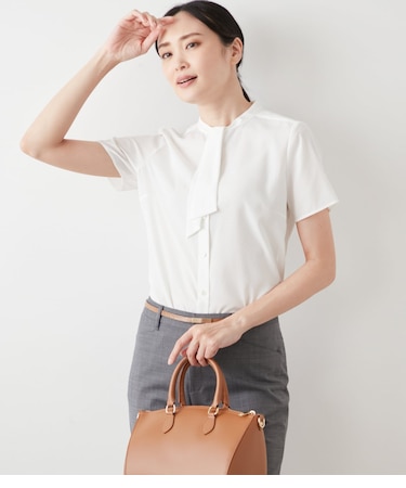 【L】ミニドットデシン 2WAYボウタイ半袖ブラウス