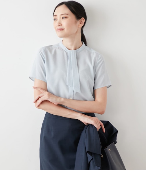 【L】ミニドットデシン 2WAYボウタイ半袖ブラウス