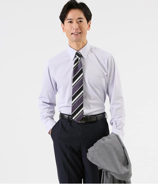 【接触冷感・吸水速乾・ストレッチ・通気性】トリコットストライプ 長袖ボタンダウンシャツ