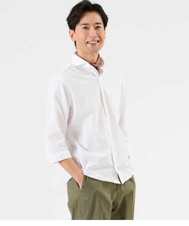 コットンリネンクロス 七分袖カッタウェイカラーシャツ