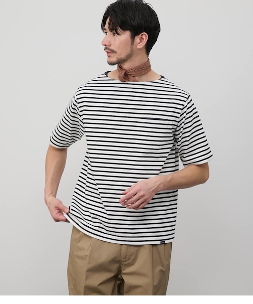 【接触冷感】ボートネックデザイン ボーダーTシャツ