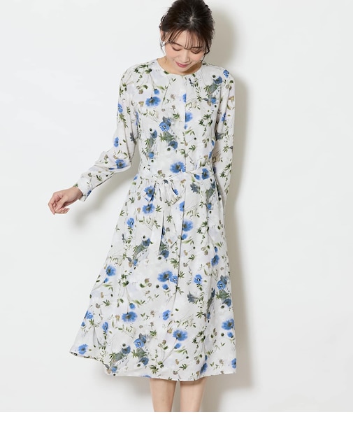 ルミナスフラワープリント フロントタックワンピース
