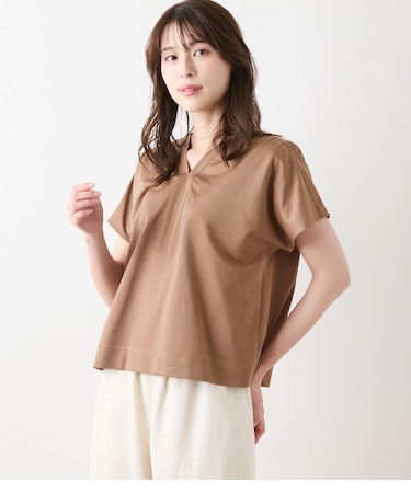 【L】【接触冷感】ハイツイストツイル Vネック半袖プルオーバー