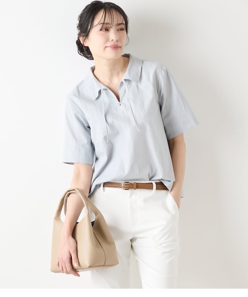 【L】コットンリネンドビーストライプ プルオーバーブラウス