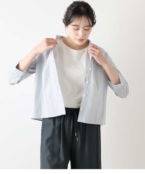 【L】コットンリネンドビーストライプ 7分袖スキッパーブラウス