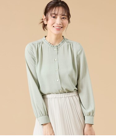 【L】ジオメトリックプリント スタンドフリルブラウス