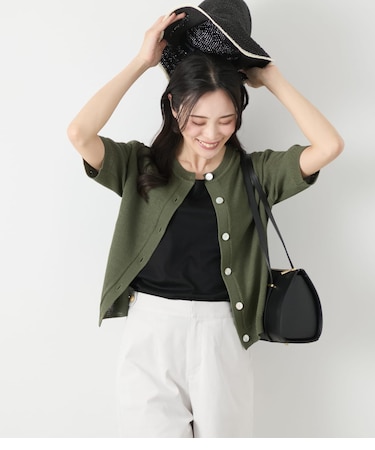 【L】リネンライクワッフル クルーネック5分袖カーディガン