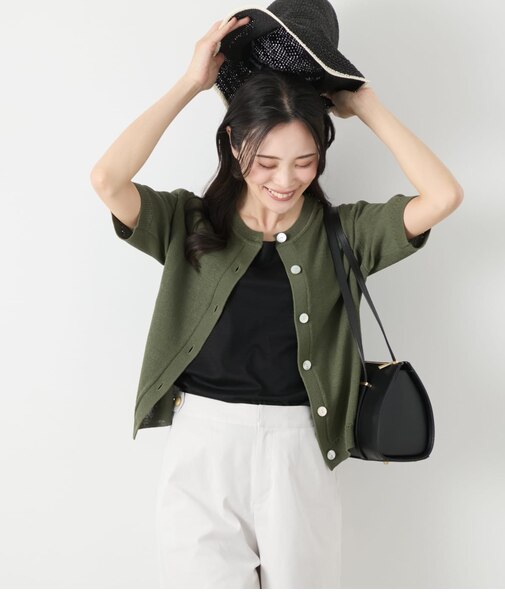 【L】リネンライクワッフル クルーネック5分袖カーディガン