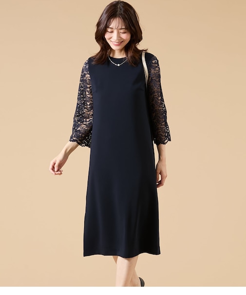 サテン&ラッセルレース コンビワンピース