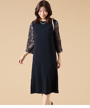 【L】サテン&ラッセルレース コンビワンピース