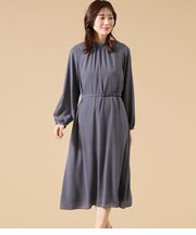 【L】ジオメトリックプリント スタンドギャザーワンピース