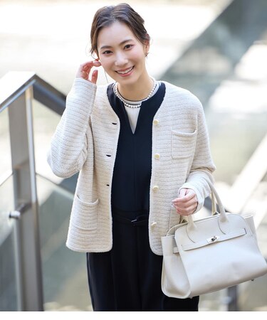 【L】ツィーディーラメ ノーカラーニットジャケット