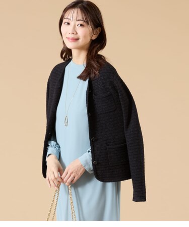 【L】ツィーディーラメ ノーカラーニットジャケット