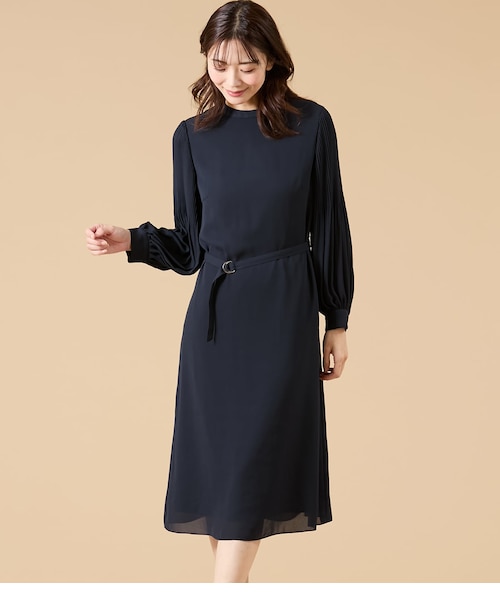 L】【ウォッシャブル】ソフトジョーゼット 袖プリーツワンピース