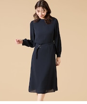 【L】【ウォッシャブル】ソフトジョーゼット 袖プリーツワンピース