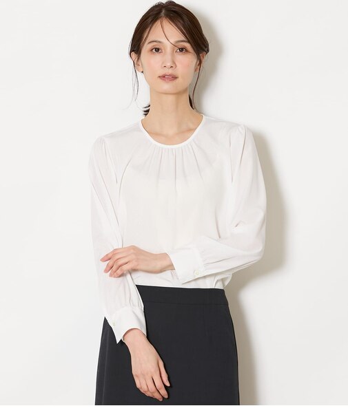 【L】ミニドットデシン フロントギャザー長袖ブラウス