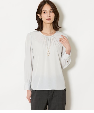 【L】ミニドットデシン フロントギャザー長袖ブラウス