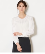 ミニドットデシン フロントギャザー長袖ブラウス