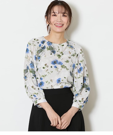 ルミナスフラワープリント 8分袖シャーリングブラウス