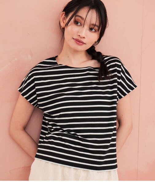 【接触冷感・優しい肌触り】ボーダーフレンチスリーブTシャツ