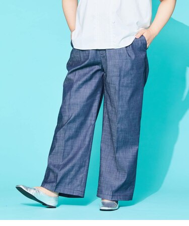 【L】スラブシャンブレー タックワイドパンツ