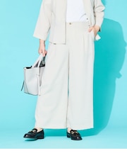 【L】【接触冷感・UVカット・ウォッシャブル・防しわ】リネンライクドライブレンド タックワイドパンツ(ベージュ)