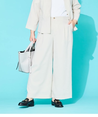 【L】【接触冷感・UVカット・ウォッシャブル・防しわ】リネンライクドライブレンド タックワイドパンツ(ベージュ)
