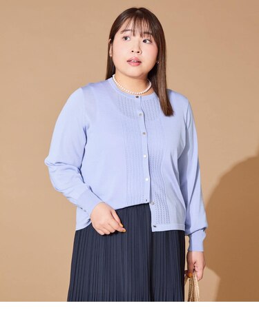 【L】セルロースポリエステル天竺 メタルボタンクルーネックカーディガン