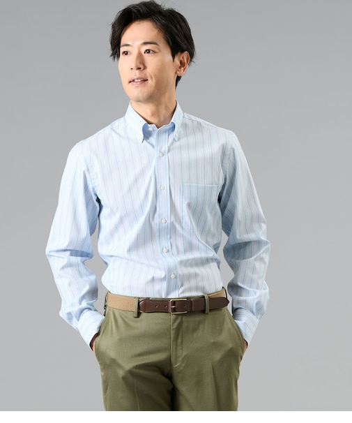 NY FitEase サックスオルタネイトストライプ 長袖ショートボタンダウンシャツ