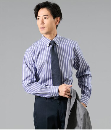 NY FitEase リバースストライプ 長袖ショートボタンダウンシャツ