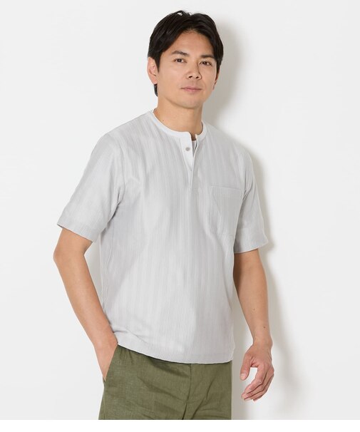 ジャカードストライプ ヘンリーネック Tシャツ