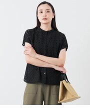 フレンチスリーブ スタンドカラーブラウス レディース コットン