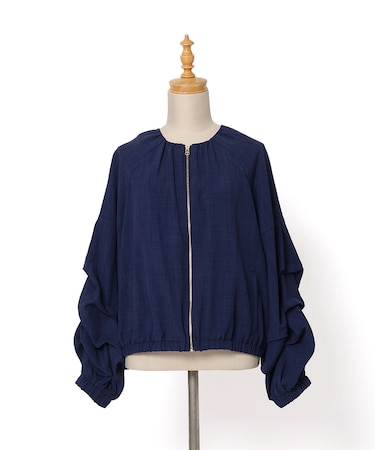 【洗濯機洗い可】ホイップ袖ノーカラーZIPブルゾン